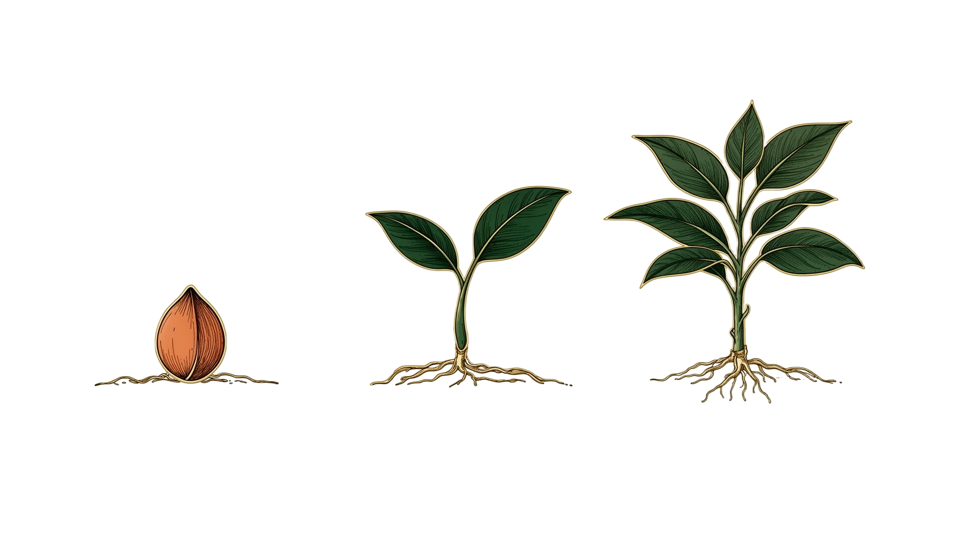 Ilustração editorial das três fases de crescimento: semente, broto e planta jovem