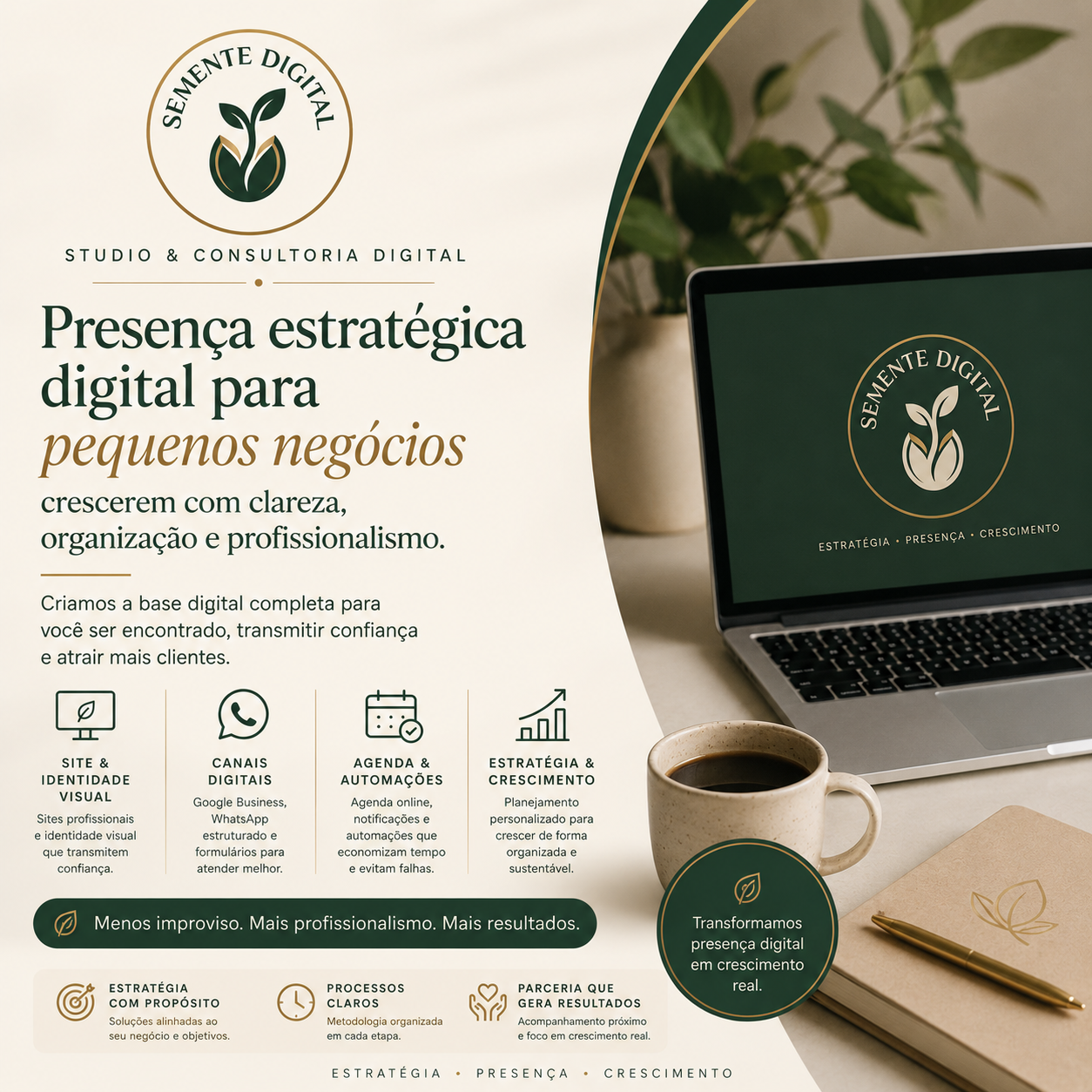 Laptop em uma mesa de cafeteria com a logo da Semente Digital na tela, próximo a um café e bloco de anotações.