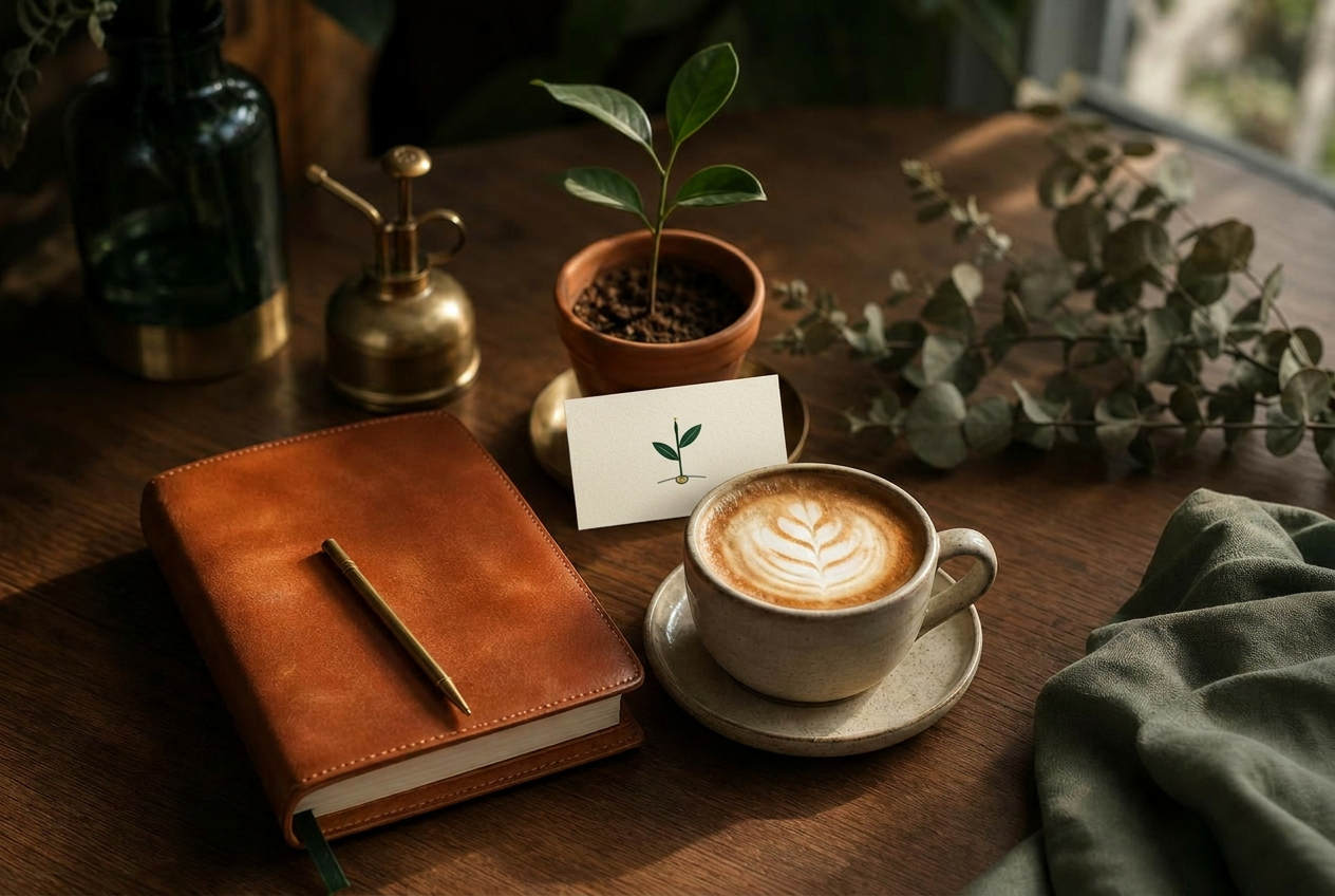 Mesa de madeira com caderno de couro, caneta dourada, cappuccino, broto em vaso de terracota, ramos de eucalipto e cartão de visita da Semente Digital — bastidores do studio.