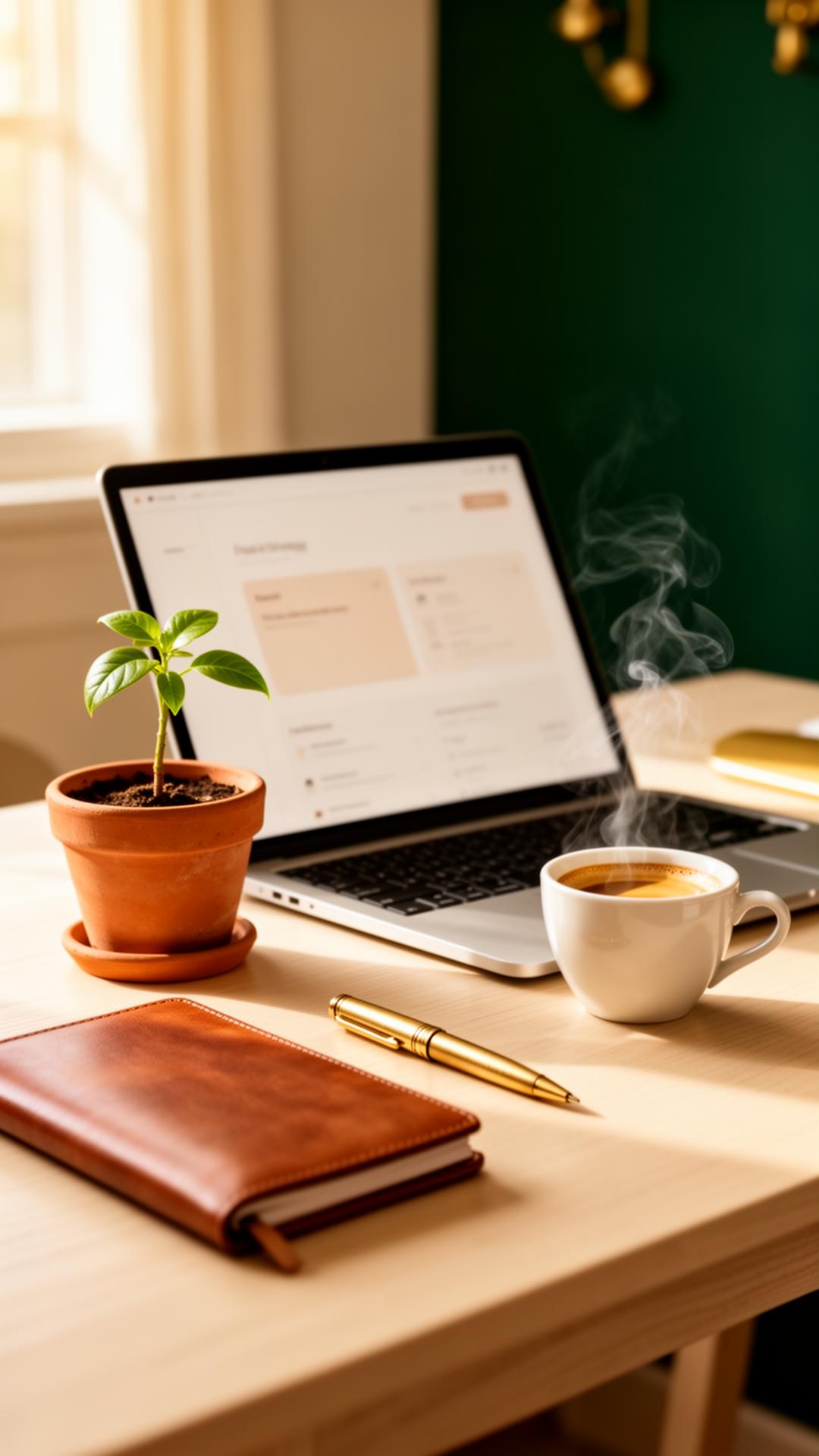 Mesa de trabalho com laptop, agenda e muda em vaso — ambiente premium do studio Semente Digital
